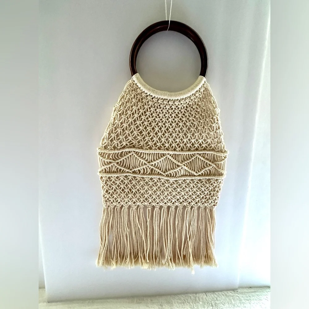 Macrame Crochet Handbag Woven Purse Wood Ring Handles Fringe Boho Bag NEW
